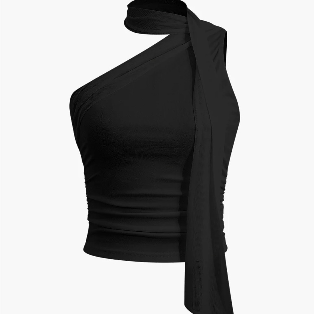 Chic Black One-Shoulder Top with Scarf
